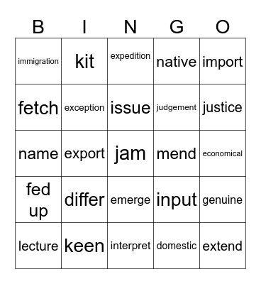 VOCABULARY Bingo Card