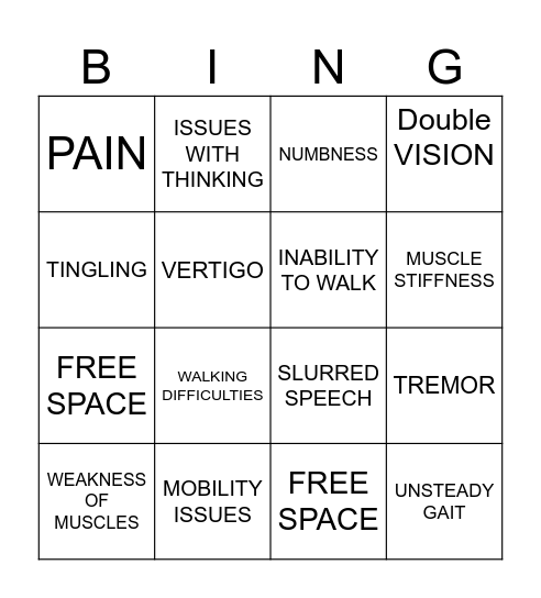MS SYMPTOMS Bingo Card