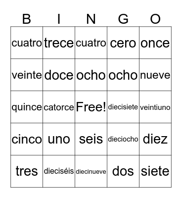 Los Números Bingo Card