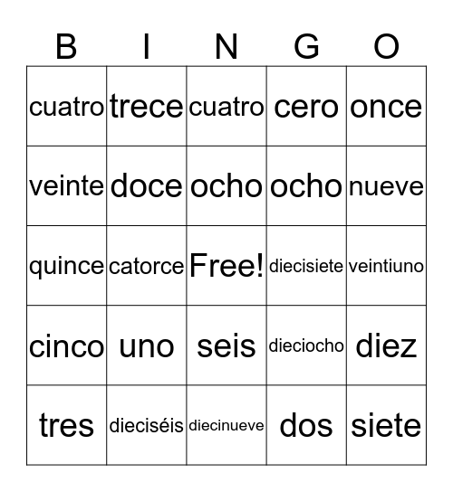 Los Números Bingo Card