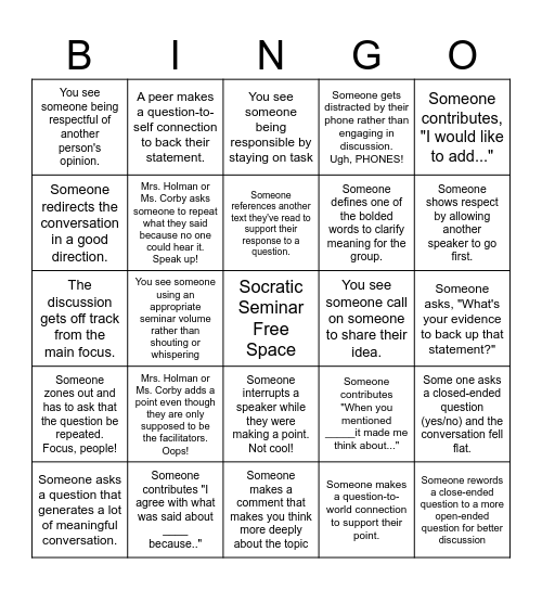 Socratic Seminar Bingo Card
