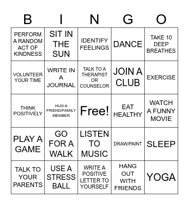 Mental Health Bingo Card