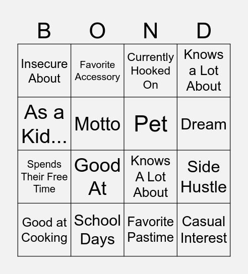 Friendship Bingo Card