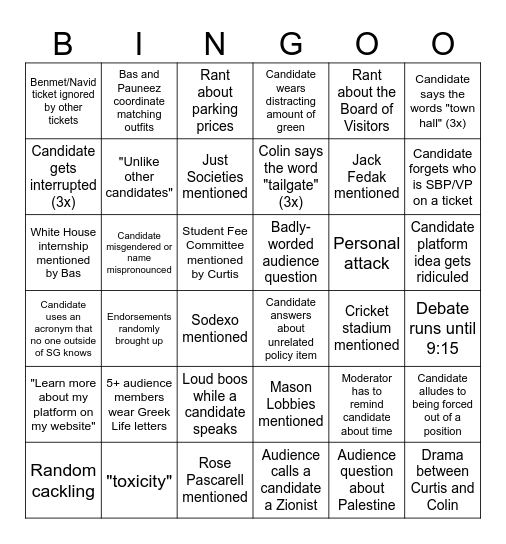 Student Government Debate Bingo Card