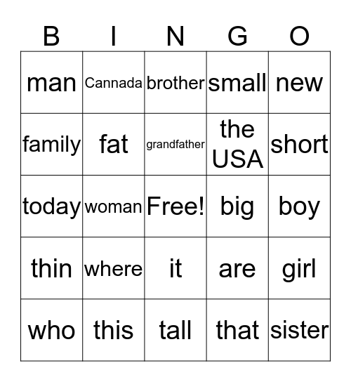 Words Bingo Card