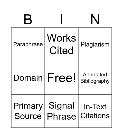 Research Vocabulary Bingo Card