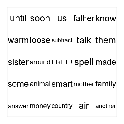 Sightword Bingo Card