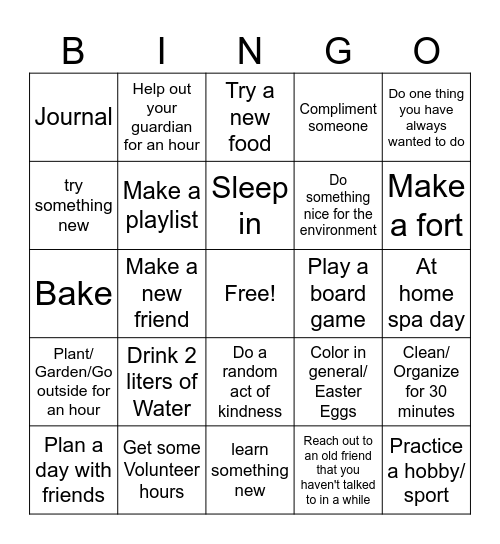 HS Spring Break Bingo Card