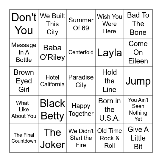 Classic Rock (and Roll) Bingo Card