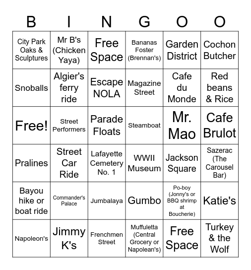 Madoles in NOLA Bingo Card