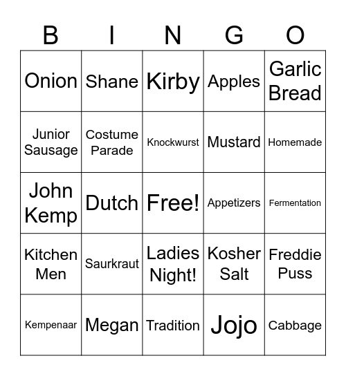 Saurkraut Party Bingo Card