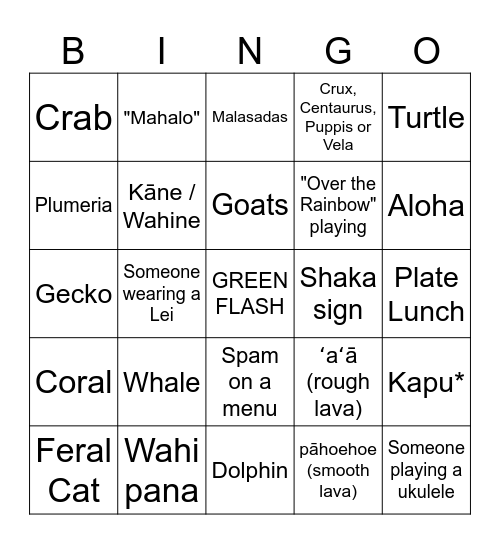 HAWAII BINGO Card