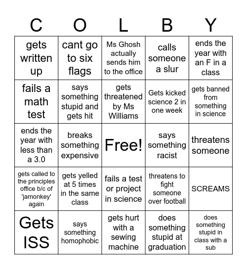 Colby Bingo Card