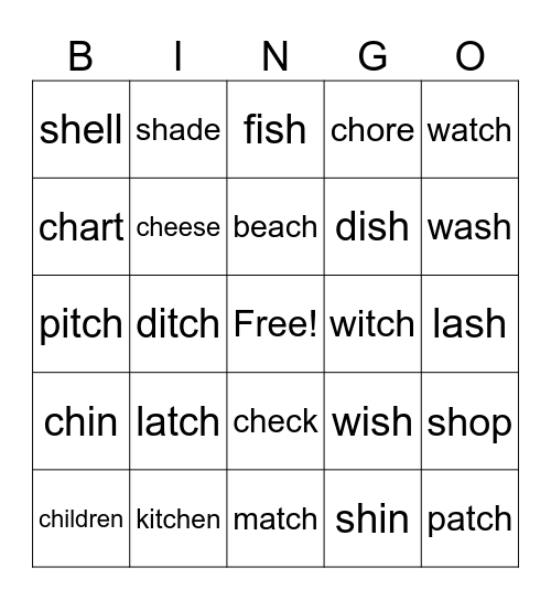 "ch", "tch", and "sh" sounds Bingo Card