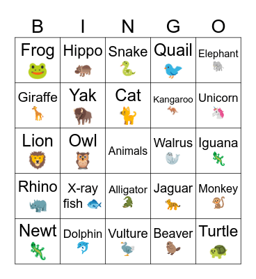 ABC Animals Bingo Card