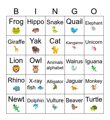 ABC Animals Bingo Card