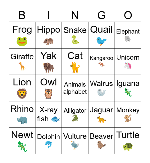 ABC Animals Bingo Card