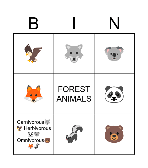 Forest Animals Bingo Card