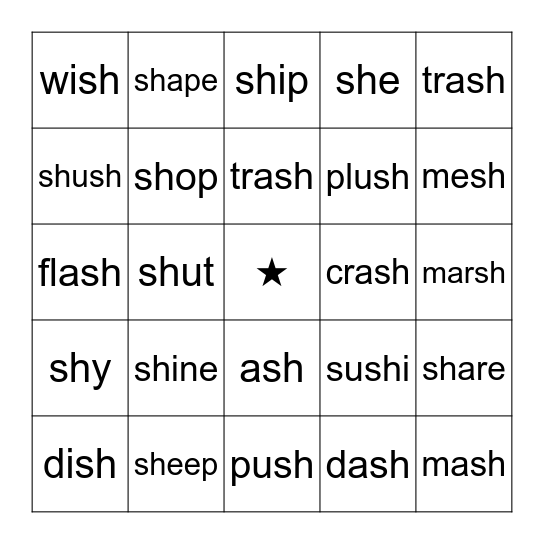 Bingo: SH sounds Bingo Card