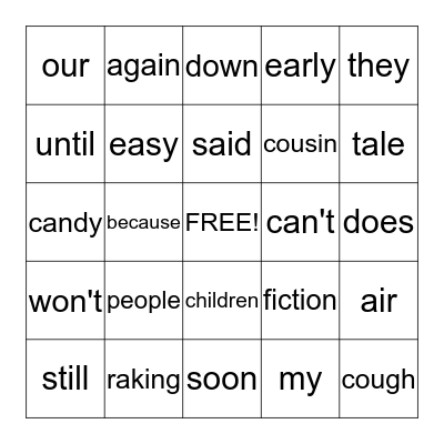 Sightword Bingo Card