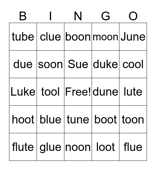 long "u" sounds Bingo Card