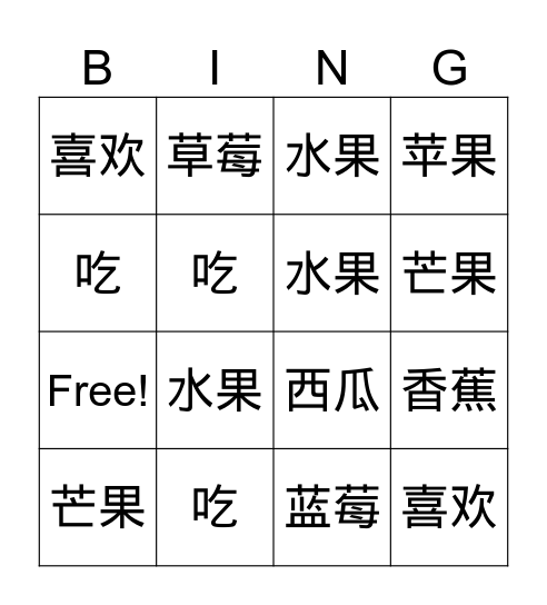 我 喜欢 吃 水果 芒果 苹果 香蕉 草莓 Bingo Card