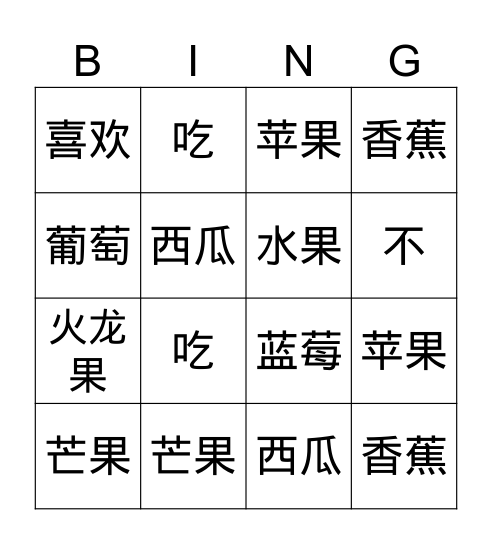 我 喜欢 吃 水果 芒果 苹果 香蕉 草莓 Bingo Card