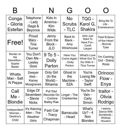 Women in Music Bingo Card