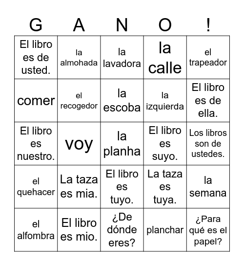 Spanish 2 Bingo Card