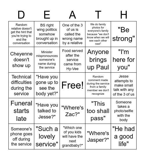 Grandpa's Funeral Bingo Card