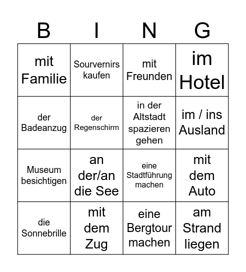 REISEN UND URLAUB Bingo Card