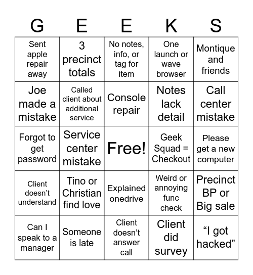 Geek Squad Bingo Card