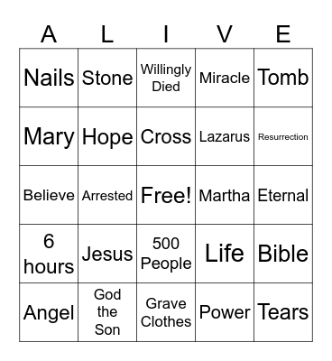 ALIVE Bingo Card