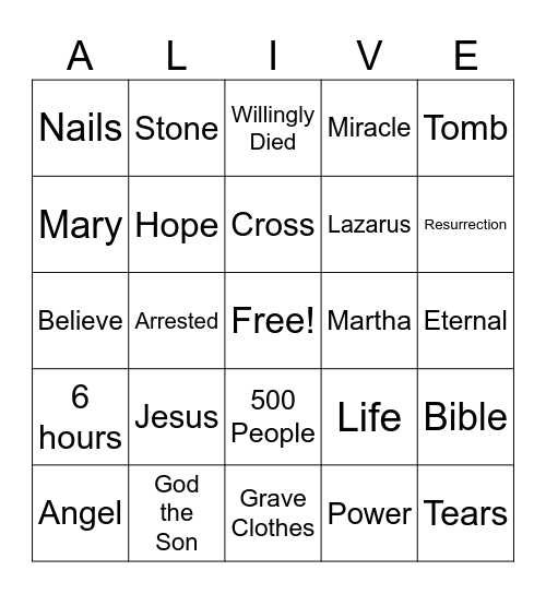 ALIVE Bingo Card