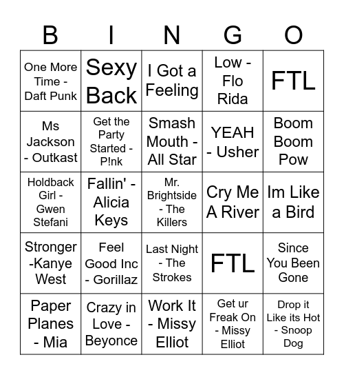 DJ 9.2.5 2000'S HITS 25 Bingo Card