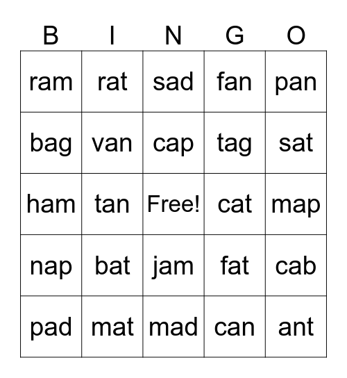 short a words Bingo Card