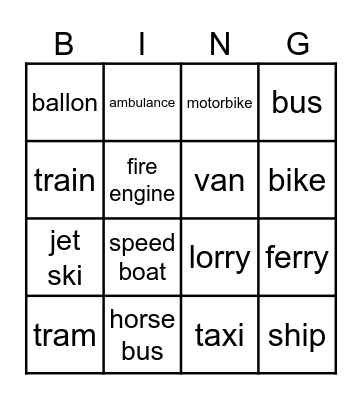 TRANSPORT Bingo Card