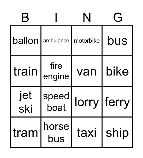 TRANSPORT Bingo Card