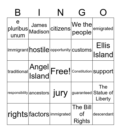 Immigration Bingo Card