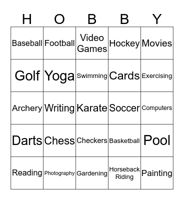 Hobbies Bingo Card