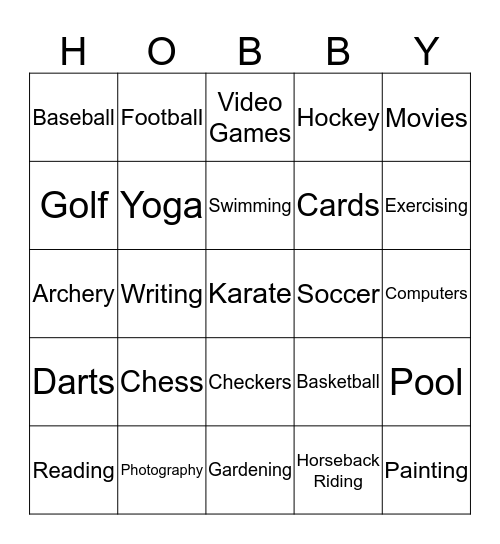 Hobbies Bingo Card