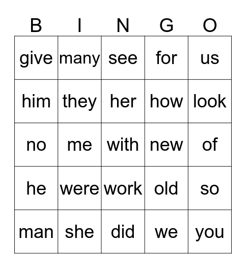 Sight Word Bingo Card