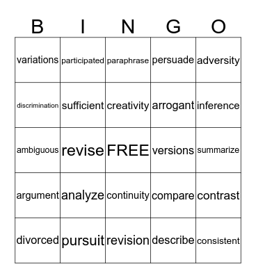 Vocabulary  Bingo Card