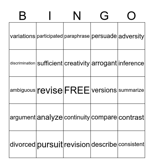 Vocabulary  Bingo Card