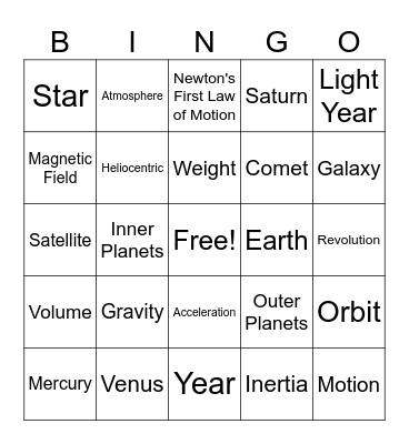 Space, Gravity and Orbits Bingo Card