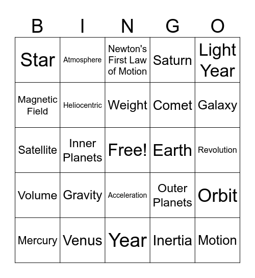 Space, Gravity and Orbits Bingo Card