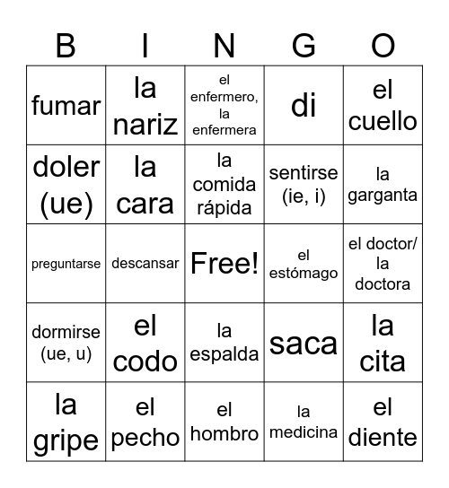 La Loteria:  El cuerpo y la salud (ENG-->SPA) Bingo Card