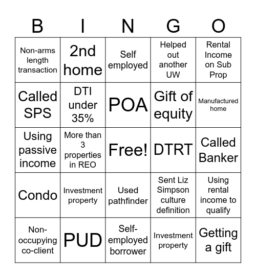 Underwriting Bingo Card