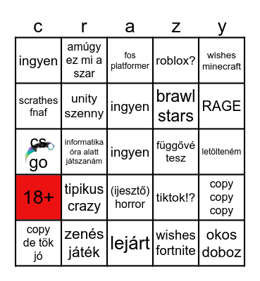 crazy játékok Bingo Card