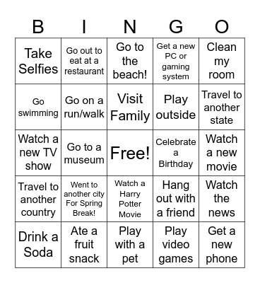 Spring Break BINGO Card